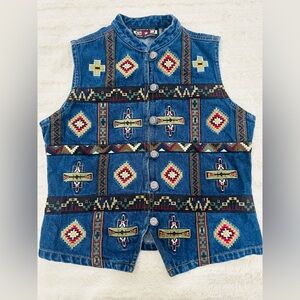 VINTAGE Women's Denim Vest with Tribal Pattern